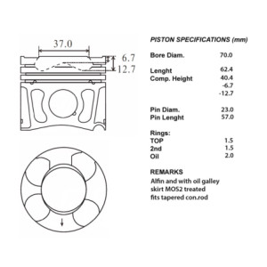 Kit pistoni fiat +0.40 ø70 camera ø37 c/foro lub.