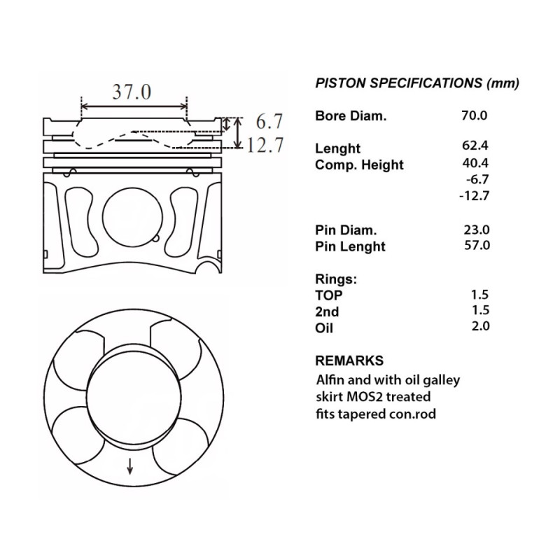 Kit pistoni fiat +0.40 ø70 camera ø37 c/foro lub.