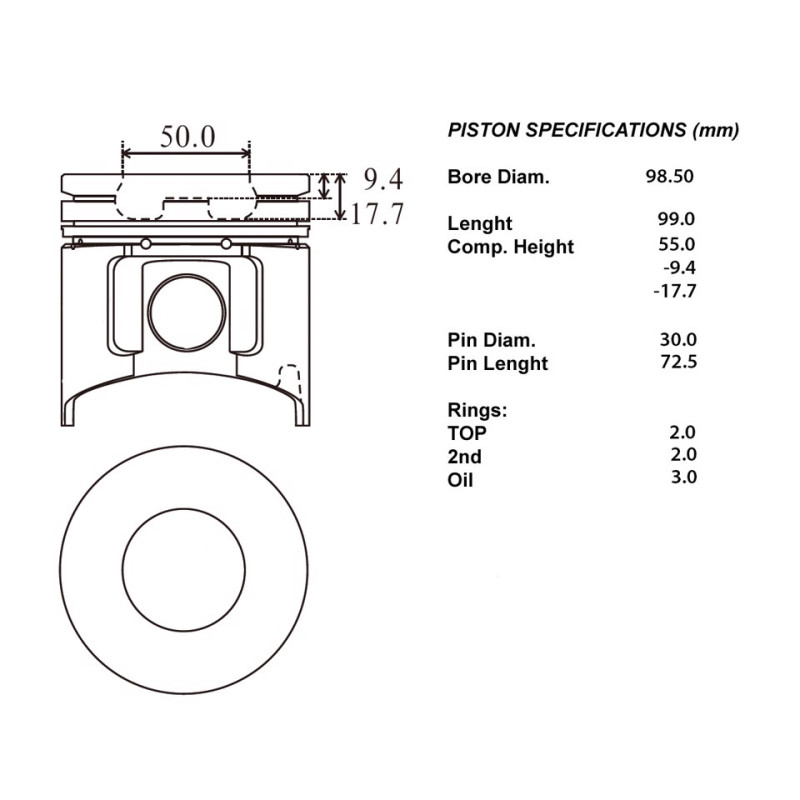 Kit 4 pistoni mot compl.050 ø98.5 x yanmar 4tnv98